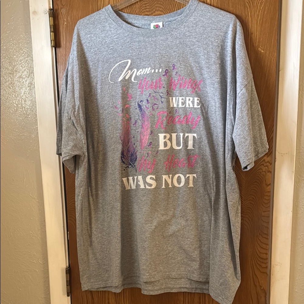 Gray Graphic T-Shirt with Pink and White Text